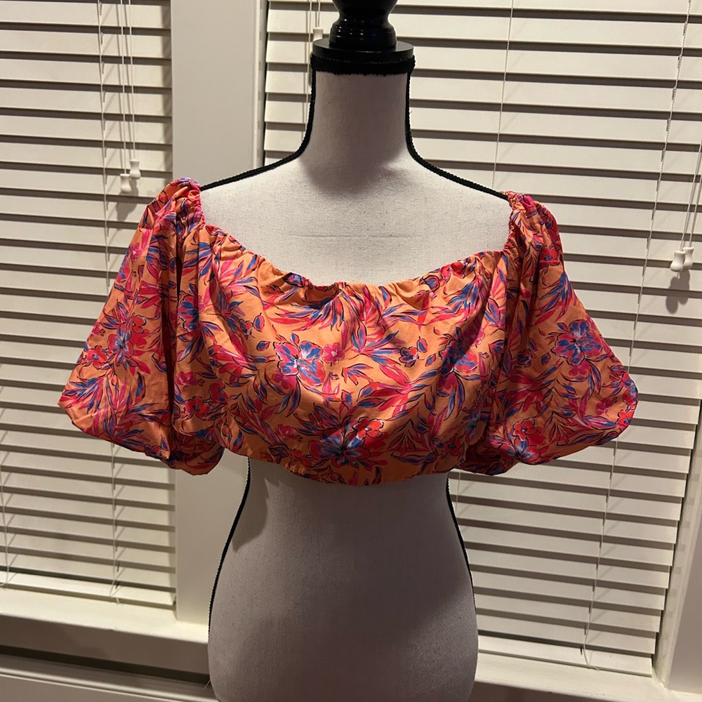 Rebdolls Orange Floral Off-Shoulder Puff Sleeve Crop Top